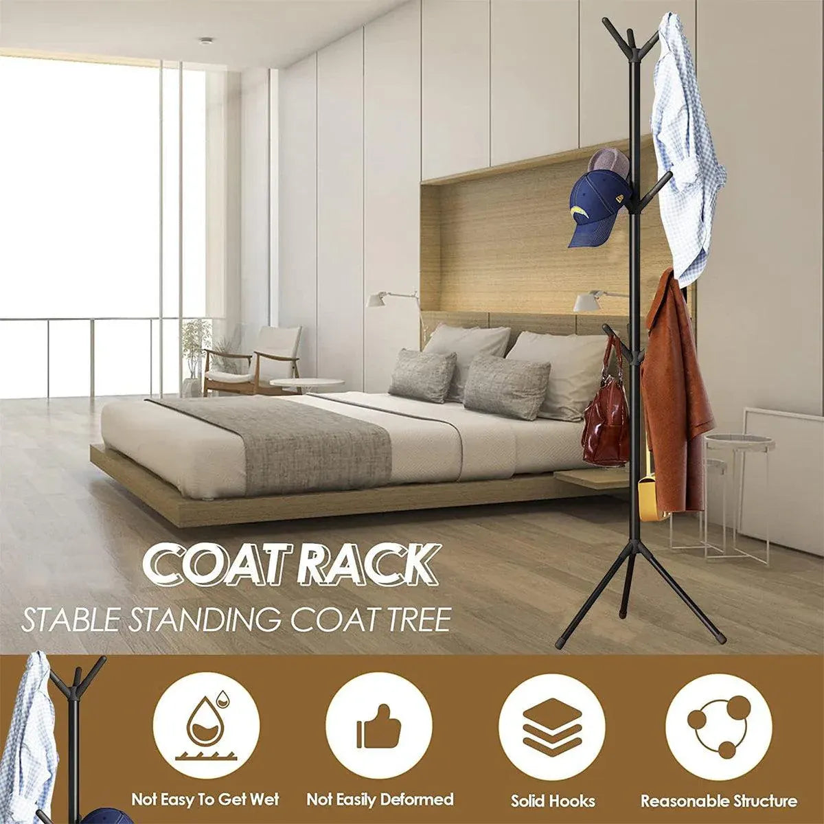 6Hooks Coat Stand Rack Clothes Hanger Hat Tree Jacket Umbrella Storage Organizer - Black