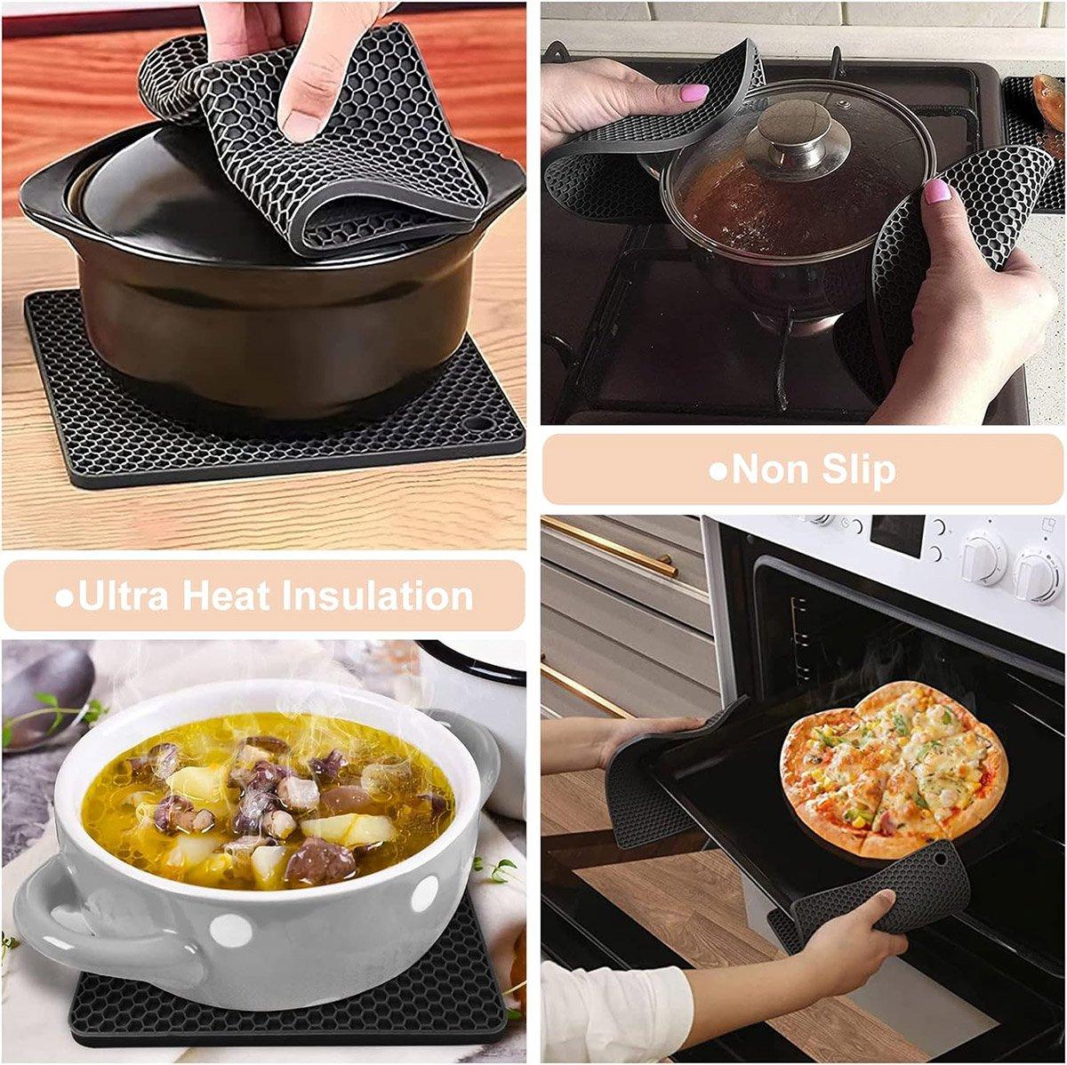 4pcs Silicone Honeycomb Heat Resistant Mats Table Cup Pot Coasters Home Kitchen - Black