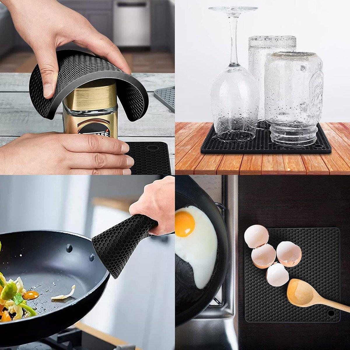 4pcs Silicone Honeycomb Heat Resistant Mats Table Cup Pot Coasters Home Kitchen - Black