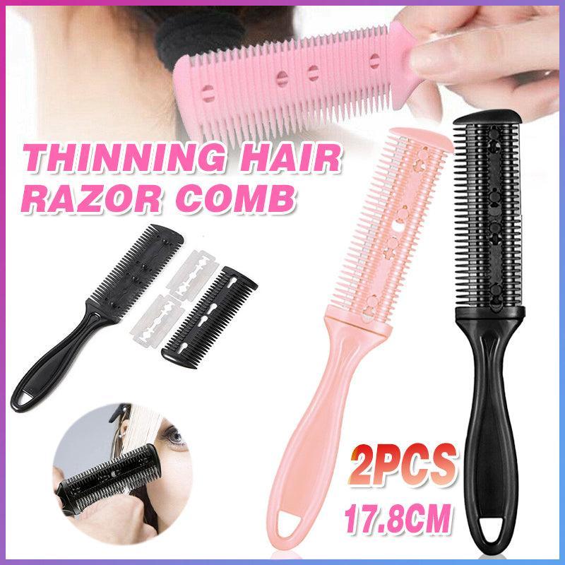 2PCS Razor Comb With Blades Razor Trimmer DIY Double Sides Hair Thinning Comb - Pink+Black