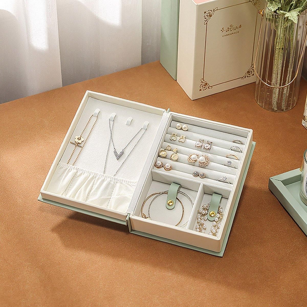 Creative PU Leather Jewelry Box Book Earrings Rings Necklace Organizer Holder - Green