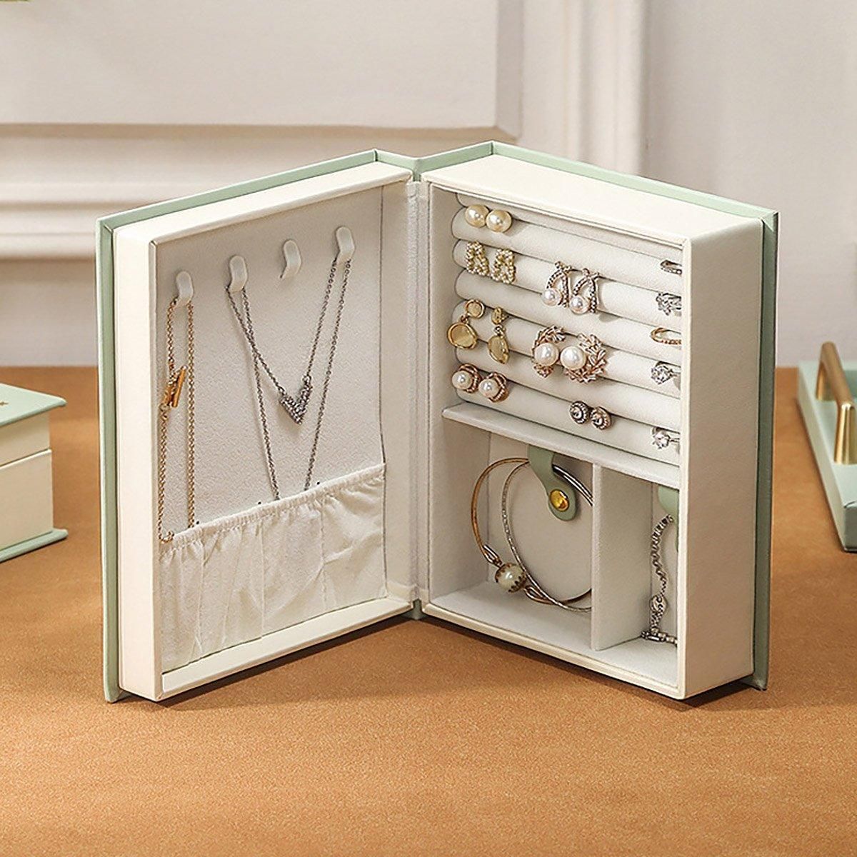 Creative PU Leather Jewelry Box Book Earrings Rings Necklace Organizer Holder - Green