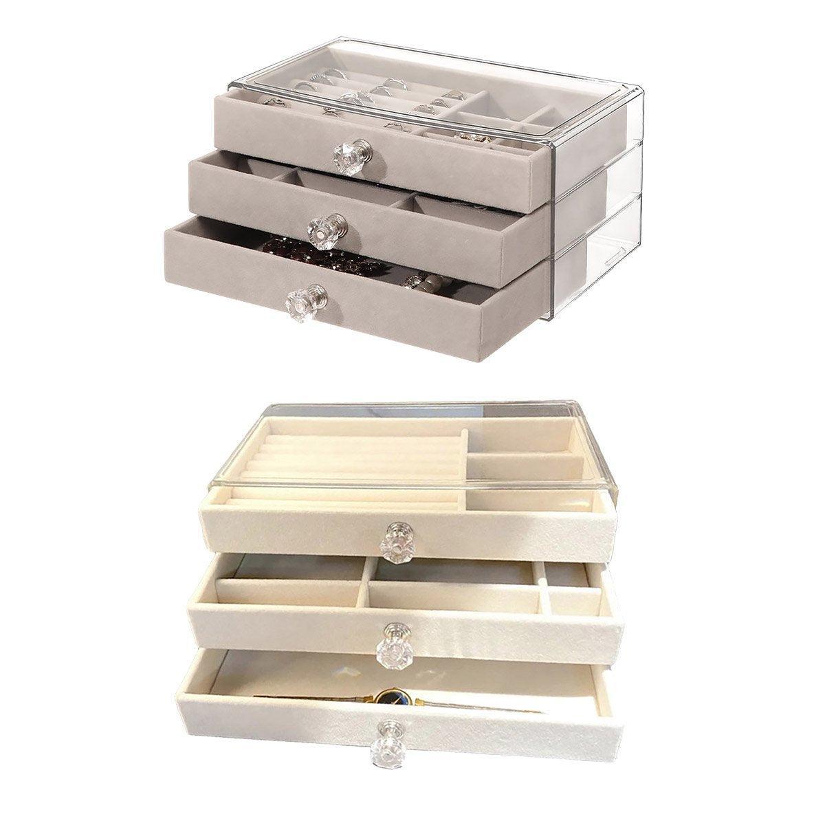 Three Layer Flannel Jewelry Storage Box Dustproof Drawer Organizer for Earrings - Grey