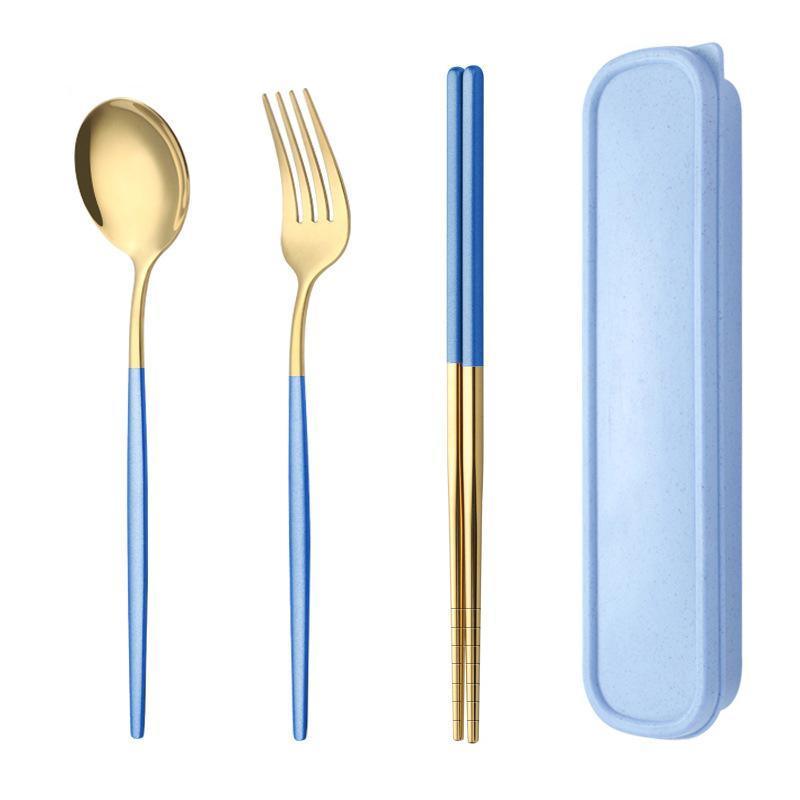 5PC Stainless Steel Portable Cutlery Set - Fork Spoon for Travel & Picnic - Blue