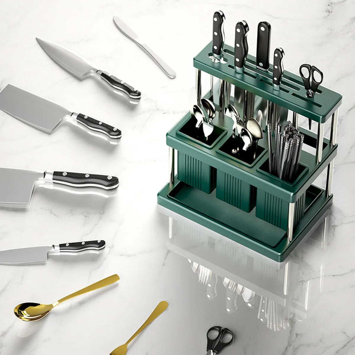 Multifunctional Kitchen Countertop Knife Block Holder with Drain Tray