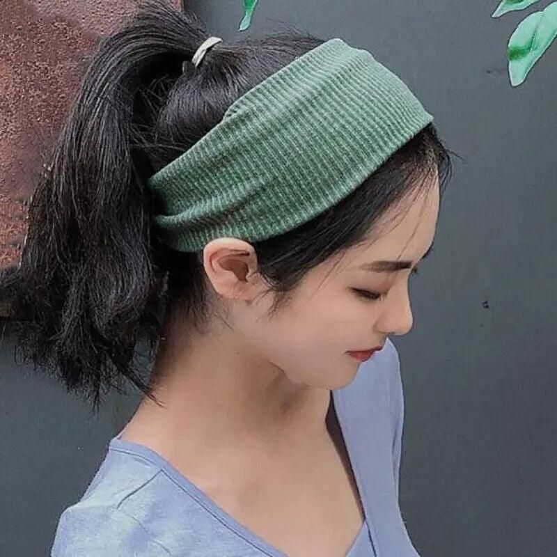 Women Headband Solid Wide Turban Knitted Cotton Hairband Girls Elastic Hair Band - Cyan