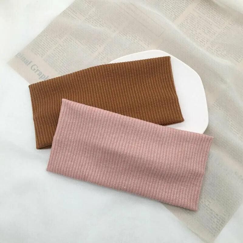 Women Headband Solid Wide Turban Knitted Cotton Hairband Girls Elastic Hair Band - Cyan
