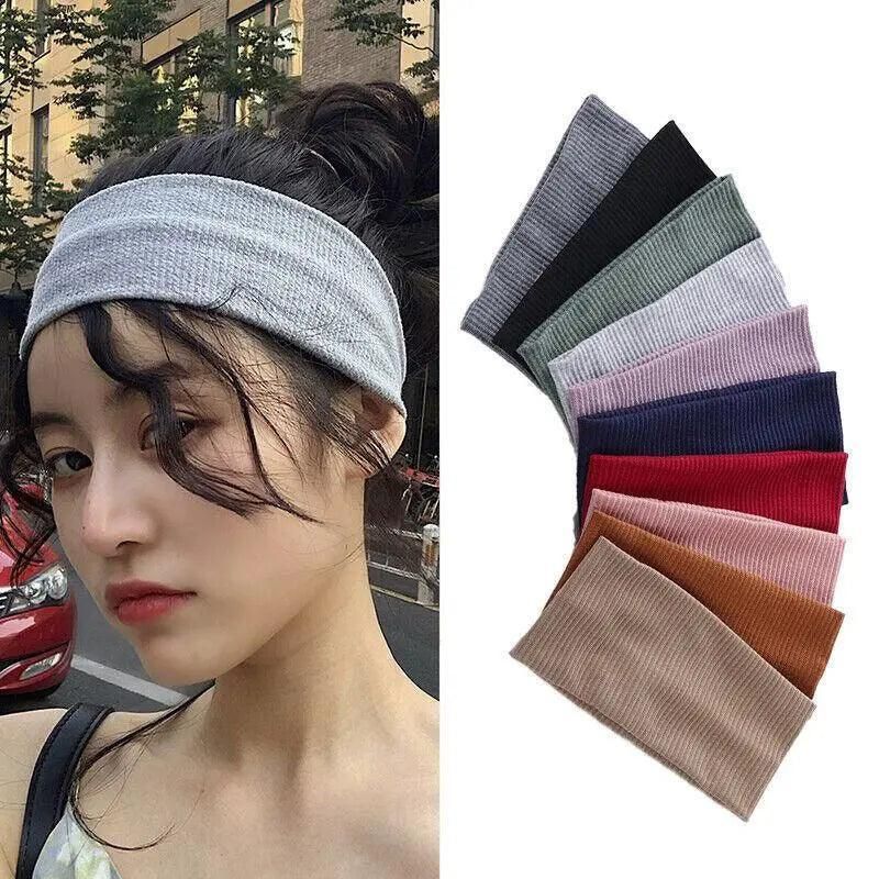 Women Headband Solid Wide Turban Knitted Cotton Hairband Girls Elastic Hair Band - Green
