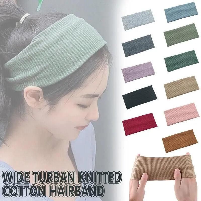 Women Headband Solid Wide Turban Knitted Cotton Hairband Girls Elastic Hair Band - Navy