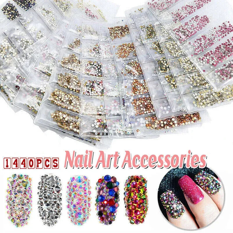 1440Pcs Glitter Rhinestones Crystal Clear Flat Bottom Glass Nail Art Nail Drill - Lake Blue
