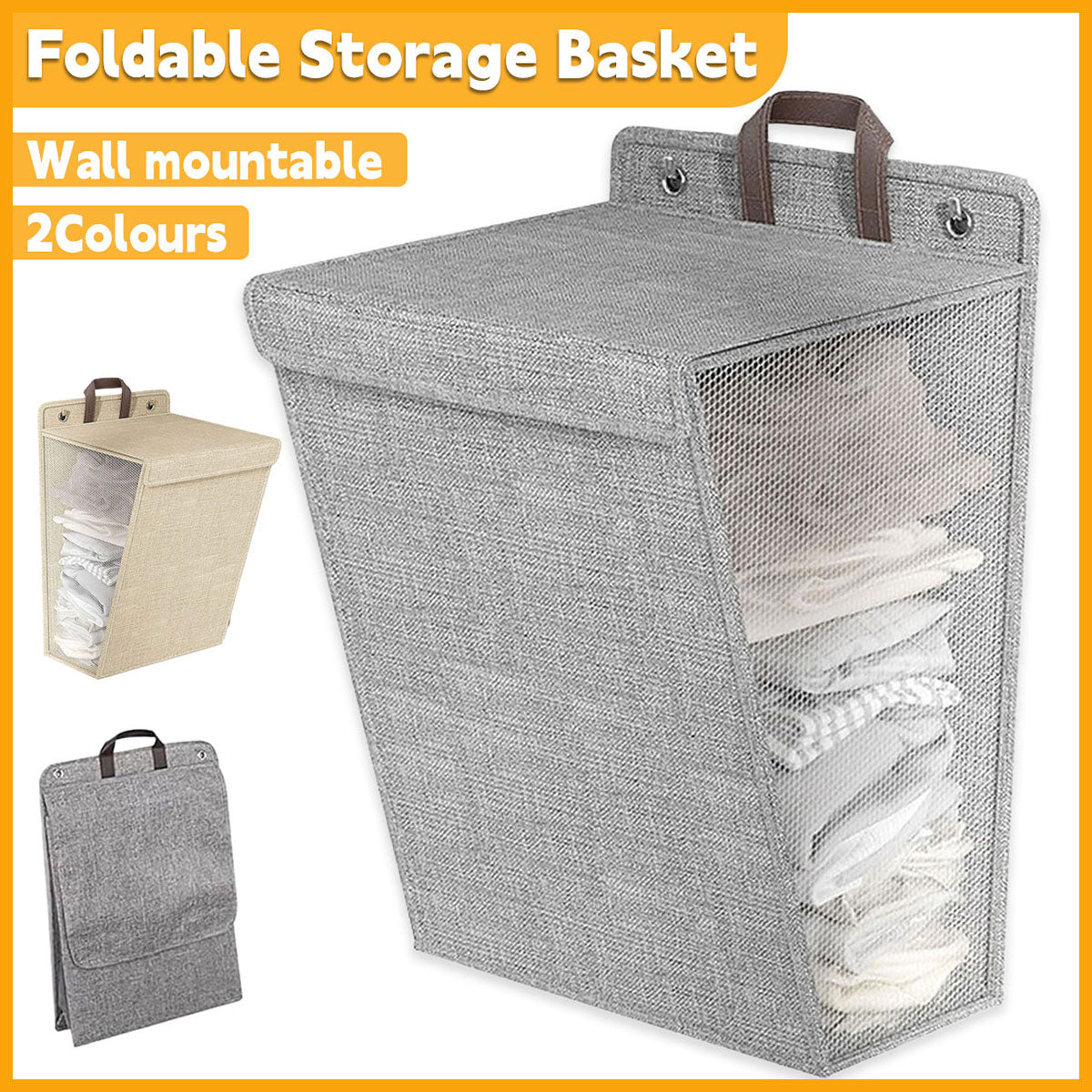 Foldable Laundry Basket Wall Mounted Clothes Storage Basket Household Organizer - Grey