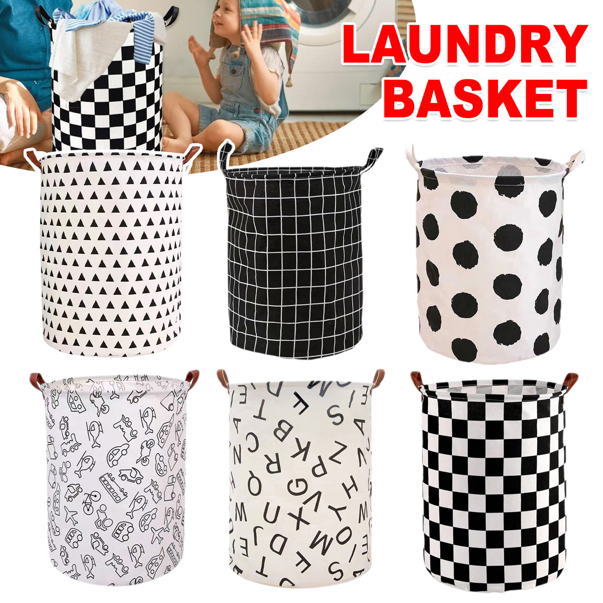 Foldable Laundry Basket Dirty Clothes Hamper Toy Storage Organizer Storage Bin - Black And White Chess