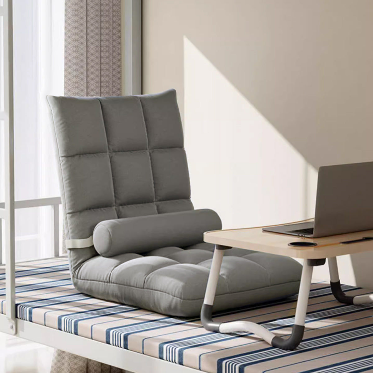 Floor Lounge Sofa Bed Chair with Lumbar Pillow Folding Adjustable Cushion - White