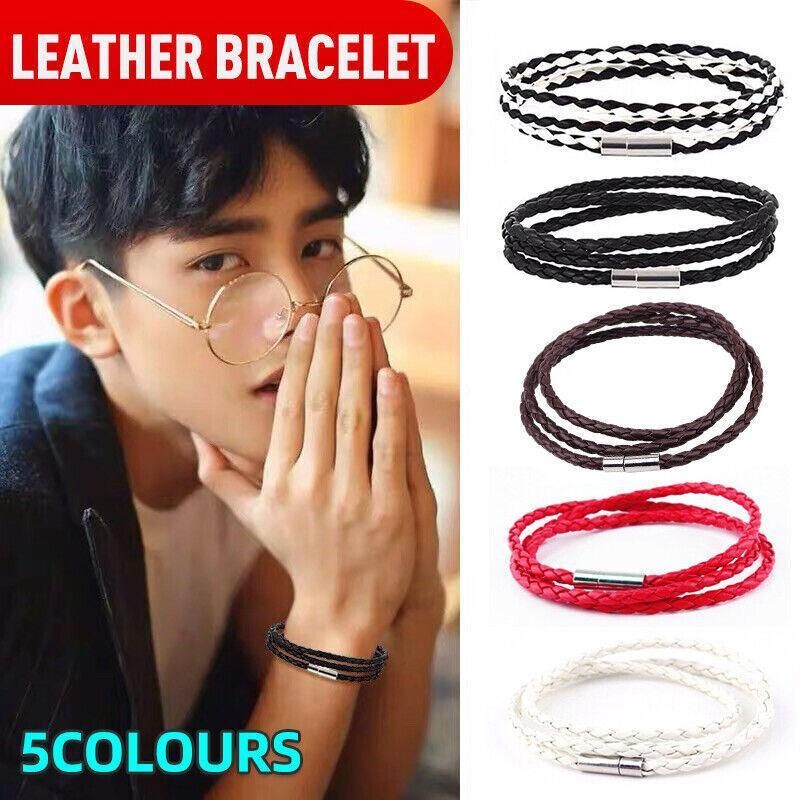 1Pc New Fashion Men Women Three Laps Pu Leather Bracelet Wristband Bangle Punk - Dark Brown
