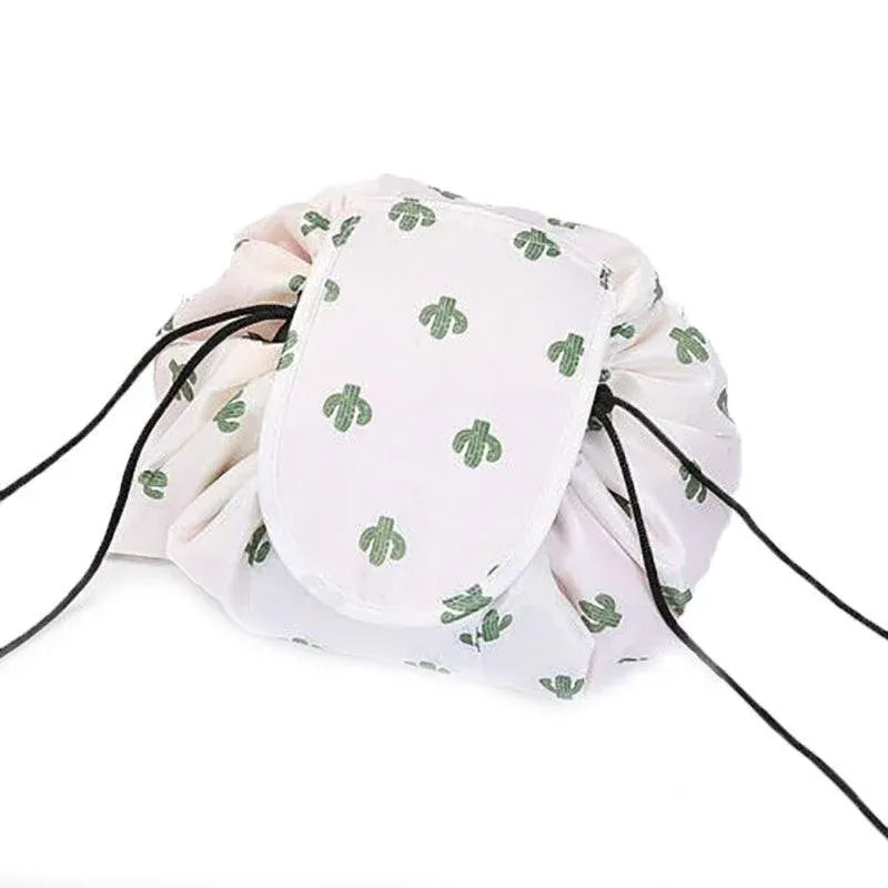 Portable Travel Makeup Bag Drawstring Cosmetic Pouch Lazy Storage Organiser Case - White Cactus