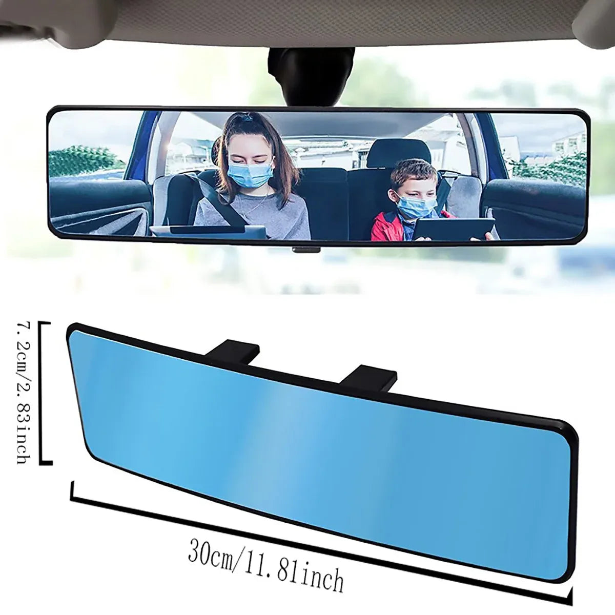 Wide View Rearview Mirror Anti Glare Indoor Car Mirror Anti Fog Curved Blue