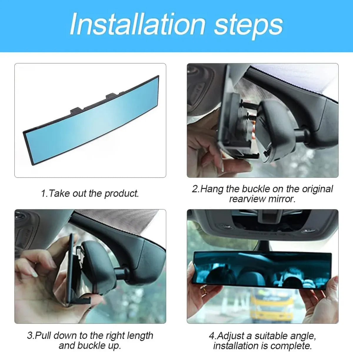 Wide View Rearview Mirror Anti Glare Indoor Car Mirror Anti Fog Curved Blue
