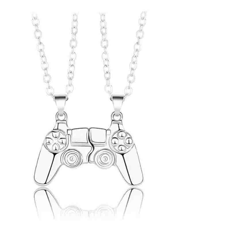 Matching Gamer Controller Necklace for Couples or Friends Pendant Gift Set - Silver and Silver