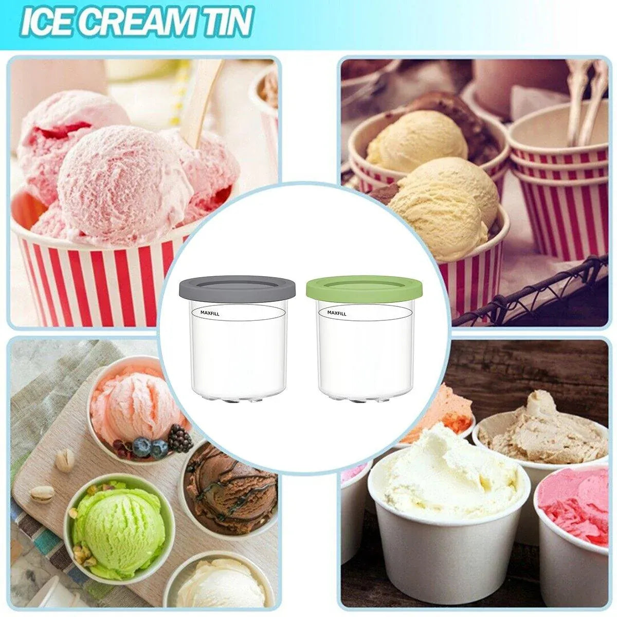 1 or 2 Pieces Ice Cream Tin Container Storage Box for Ice Cream Making Home - Green