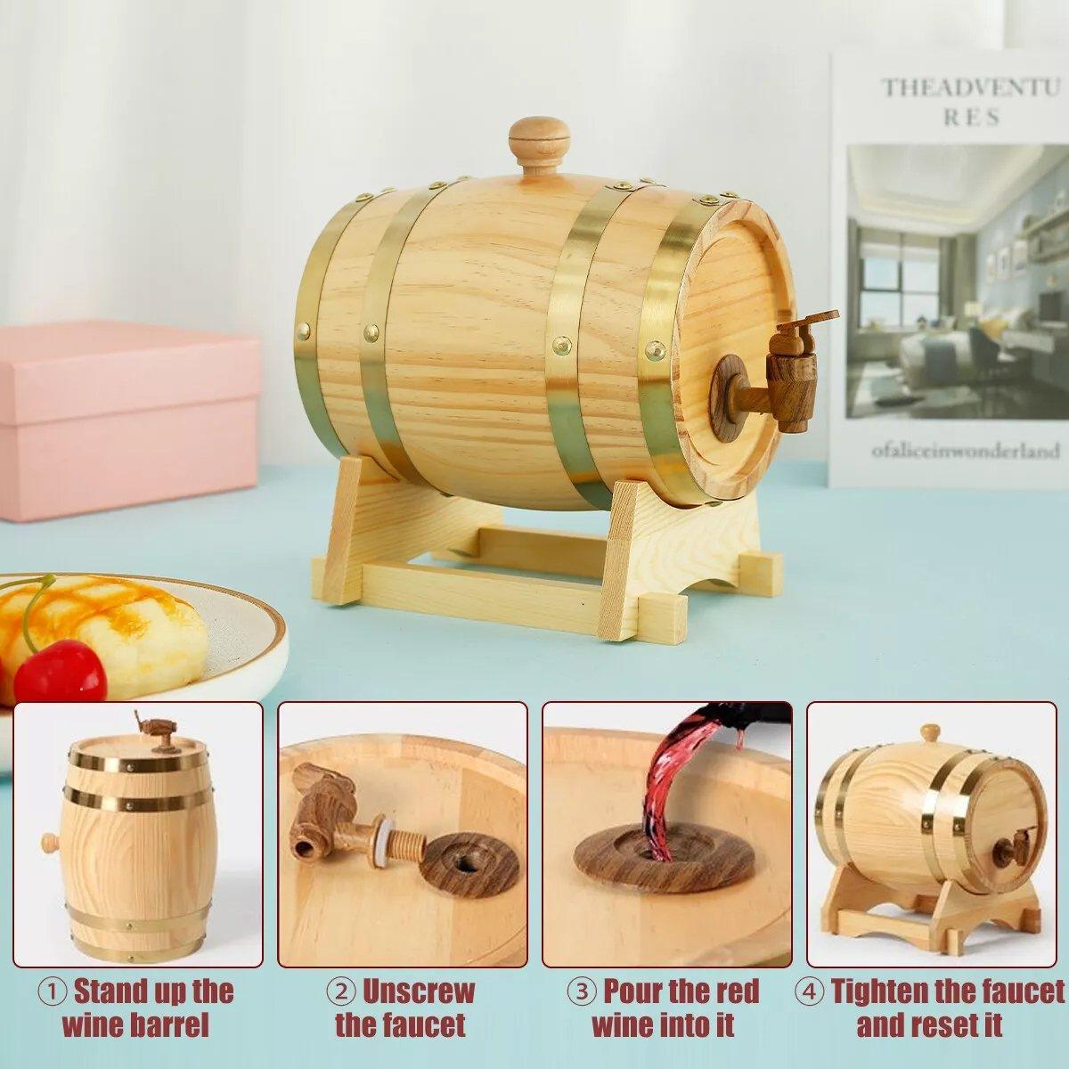 5L Wooden Wine Barrel Whiskey Rum Beer Spirits Storage Brewing Cask Vintage - Red