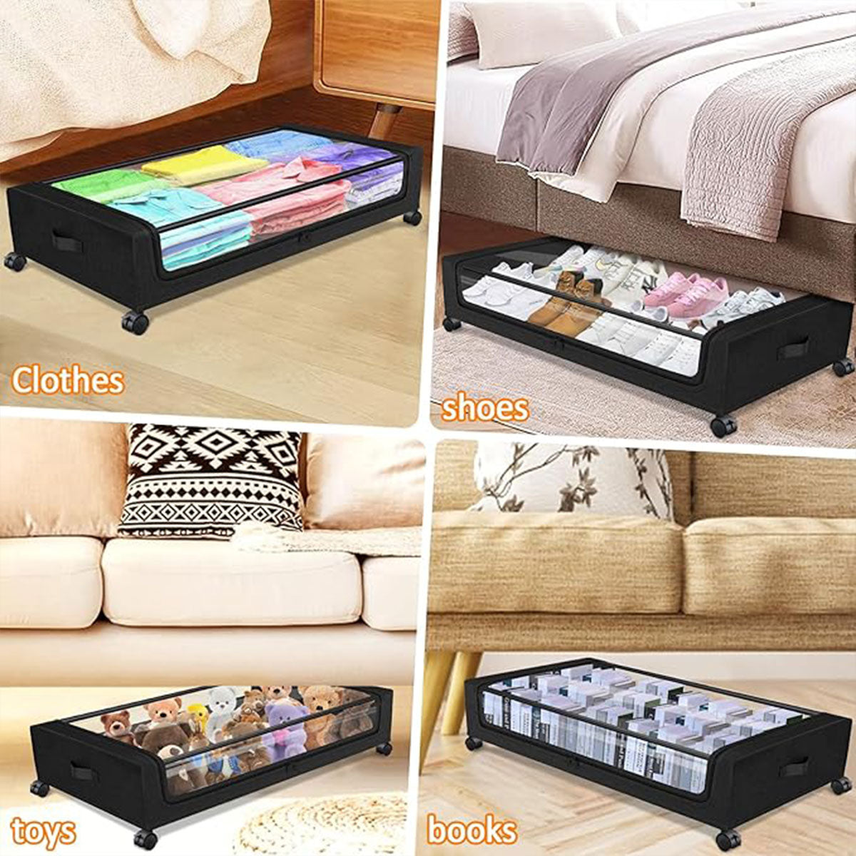 Under Bed Storage Rack Square Design with Wheels Rolling Trolley Box for Home - Black