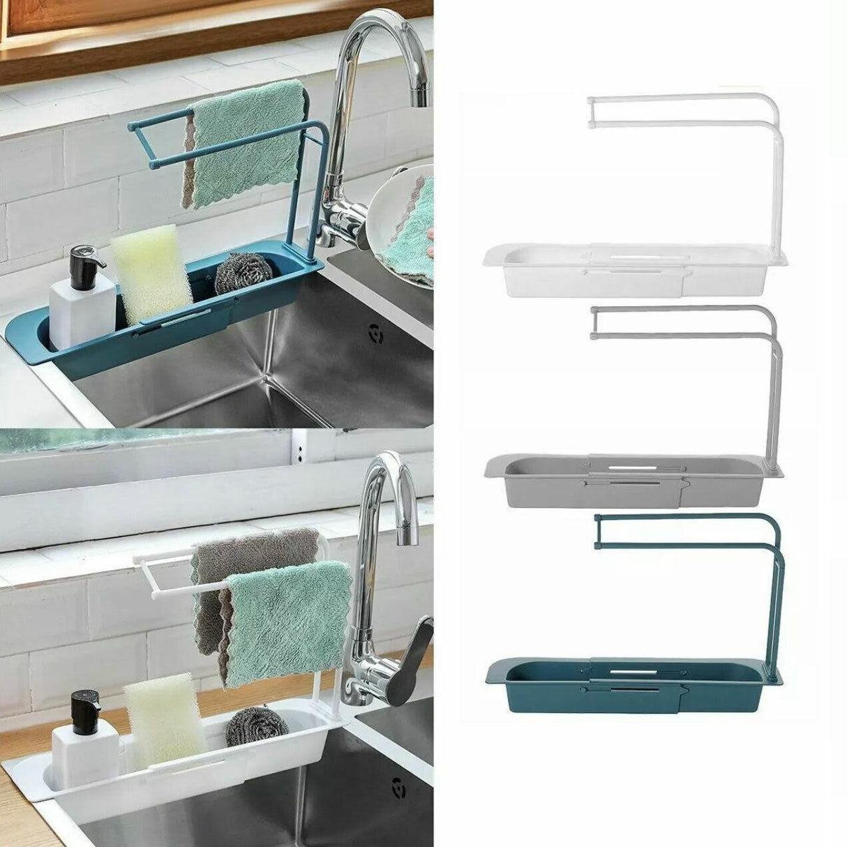 Telescopic Sink Rack Holder Expandable Storage Drain Basket Home Kitchen Kit - Grey