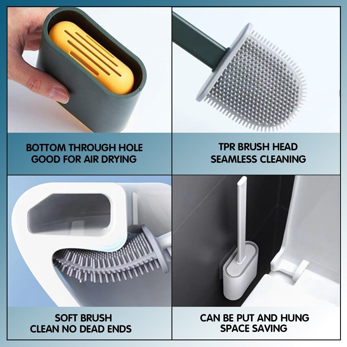 TPR Toilet Brush Set Silicone-Like Head with Holder Wall Mounted Detachable Handle - Green * 1 Unit