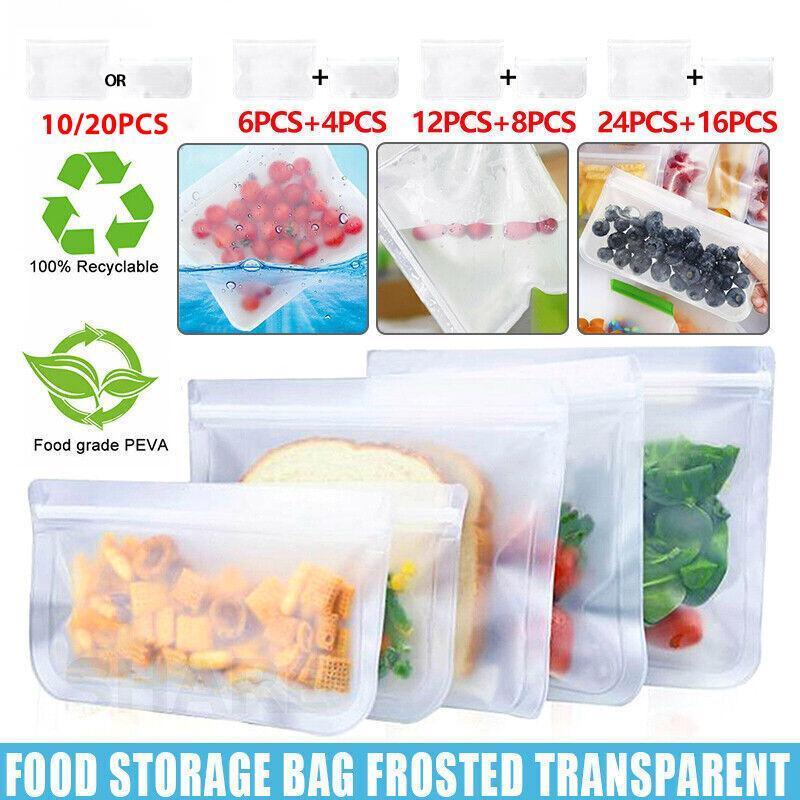 10-40PCS PEVA Food Storage Bags Reusable Zip Lock Pouch Fresh Sealer - 6PCS Large+4 PCS Small
