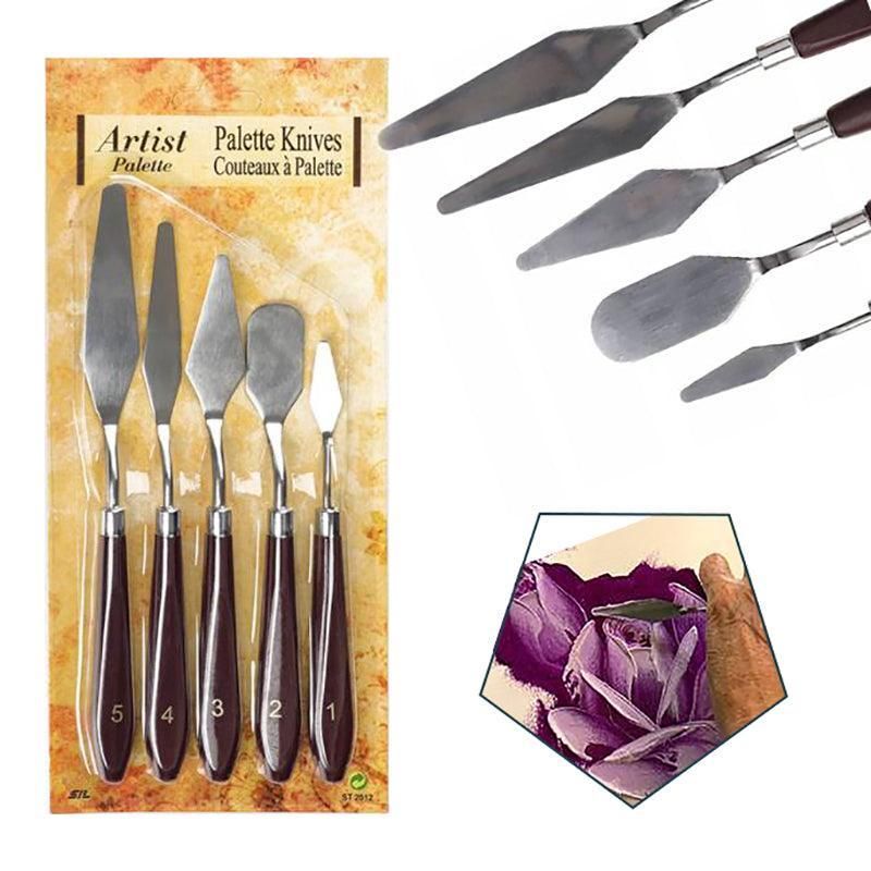 5Pcs Stainless Steel Artist Oil Painting Palette Knife Spatula Paint Tools Set - Brown