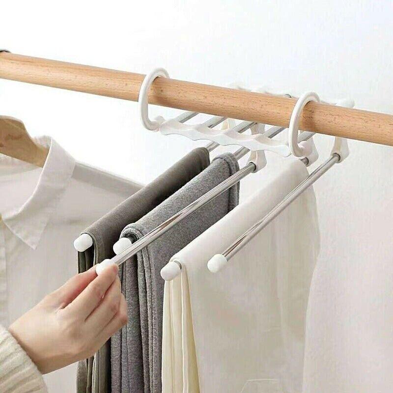 5 in 1 Stainless-Steel Pants Rack Hanger Wardrobe Shelves Magic Multi-Functional Black - 1PC