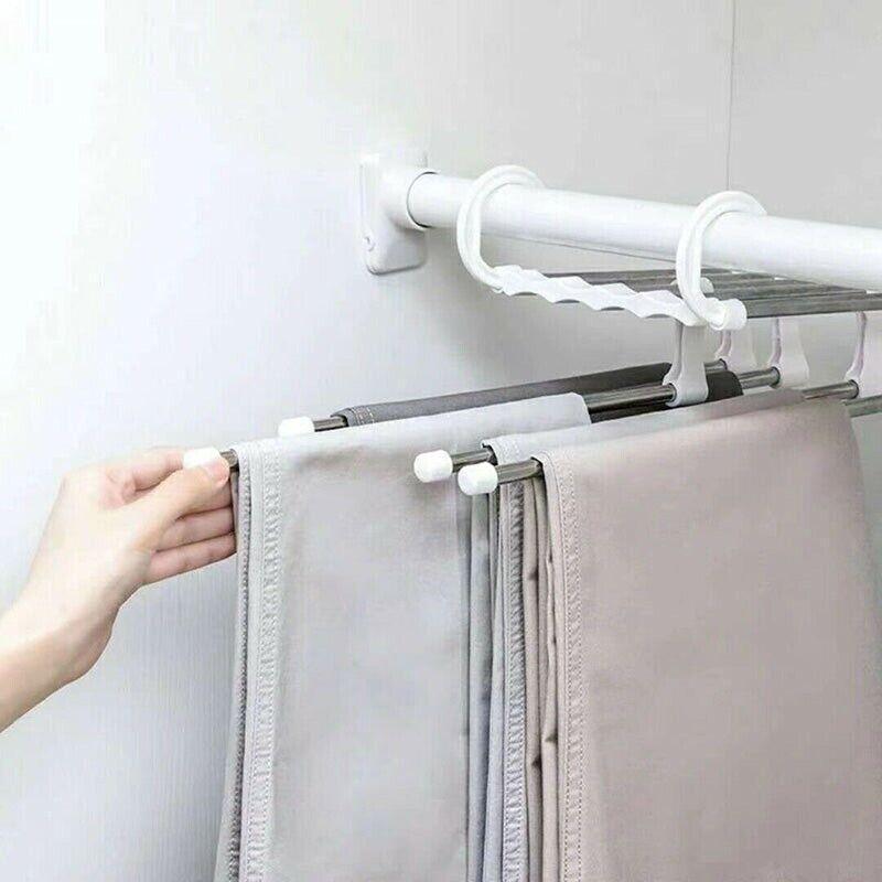 5 in 1 Stainless-Steel Pants Rack Hanger Wardrobe Shelves Magic Multi-Functional Black - 1PC
