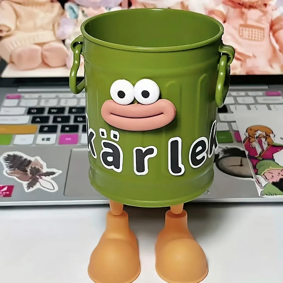 Cartoon Character Pen Holder with Handle for Desk Decor and Storage