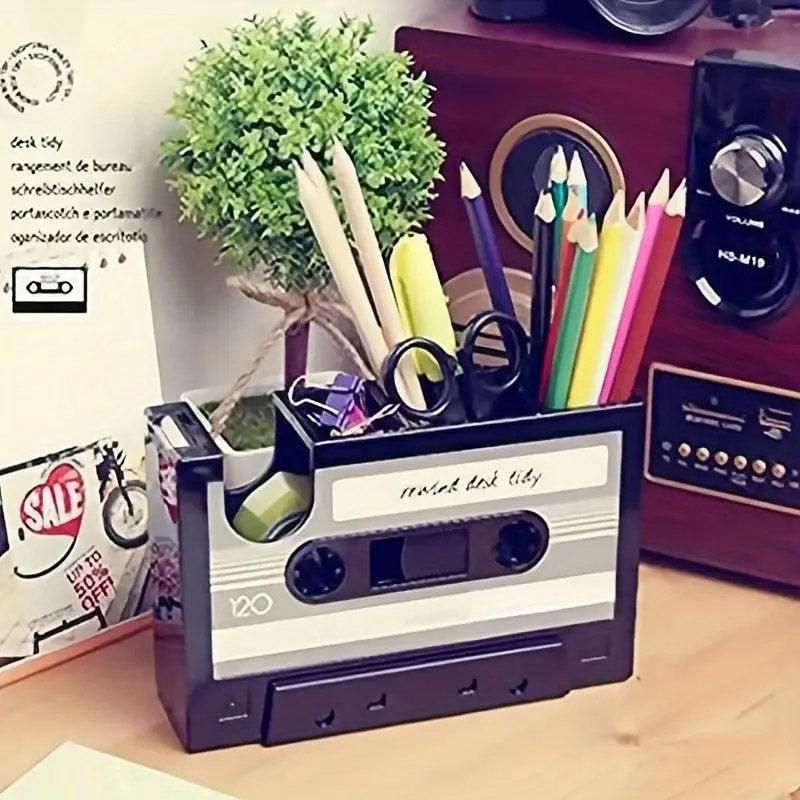 Retro Cassette Tape Style Pen Holder with Tape Dispenser Desktop Organizer - Grey