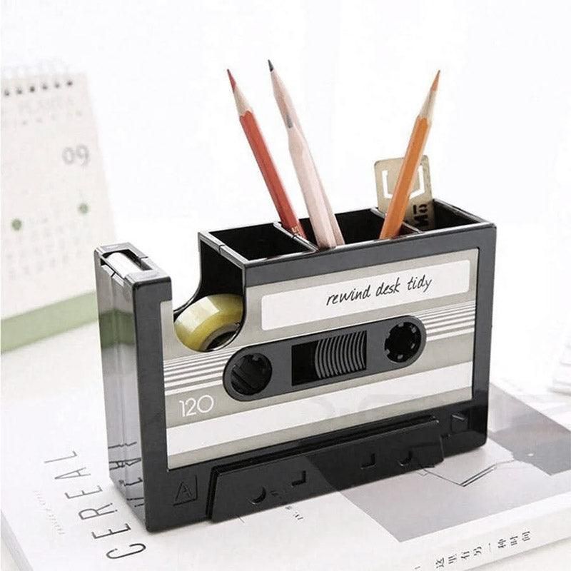 Retro Cassette Tape Style Pen Holder with Tape Dispenser Desktop Organizer - Grey