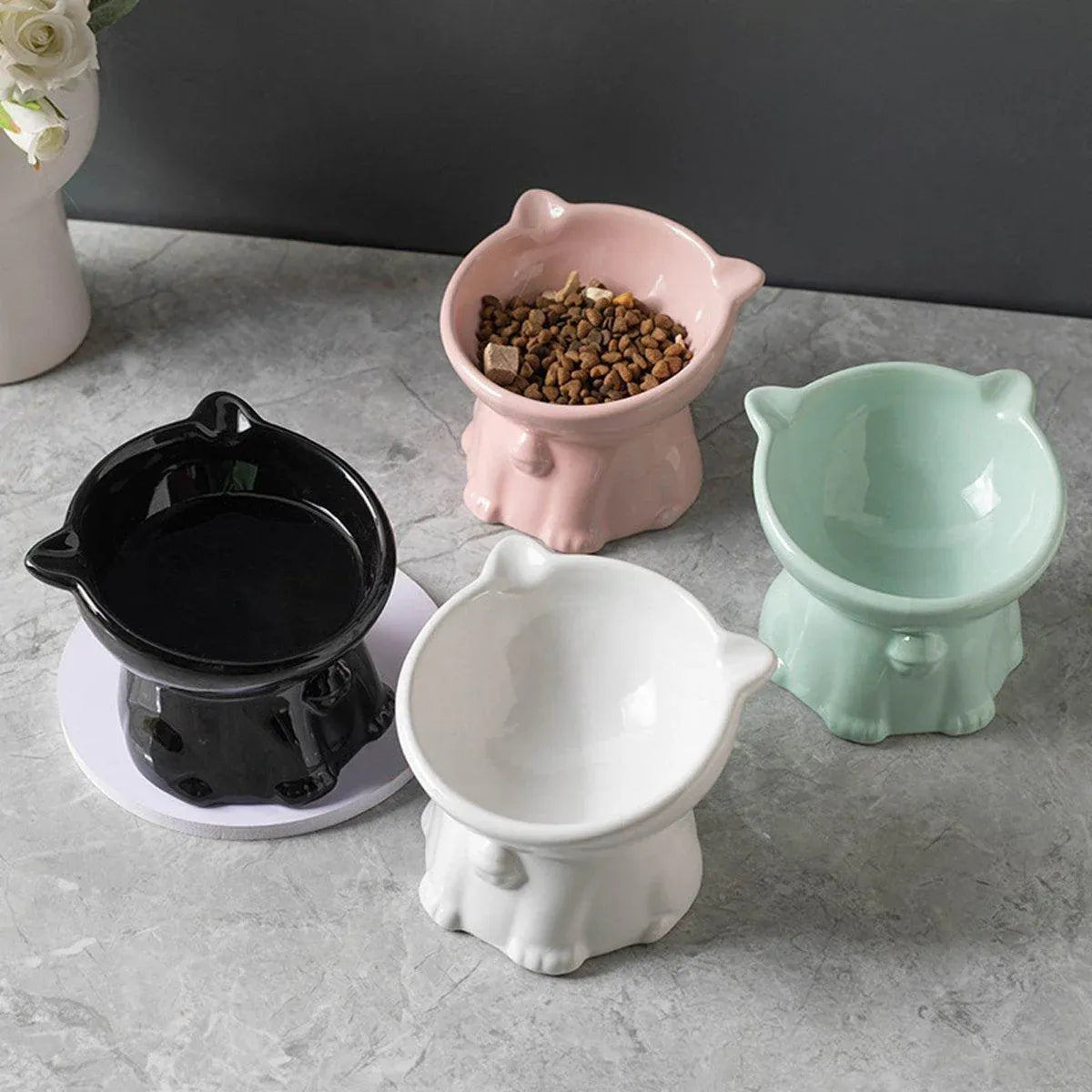 Ceramic Cat Bowl Cute Tall Raised Cat Food Bowl for Pets Eating Comfortably - Green
