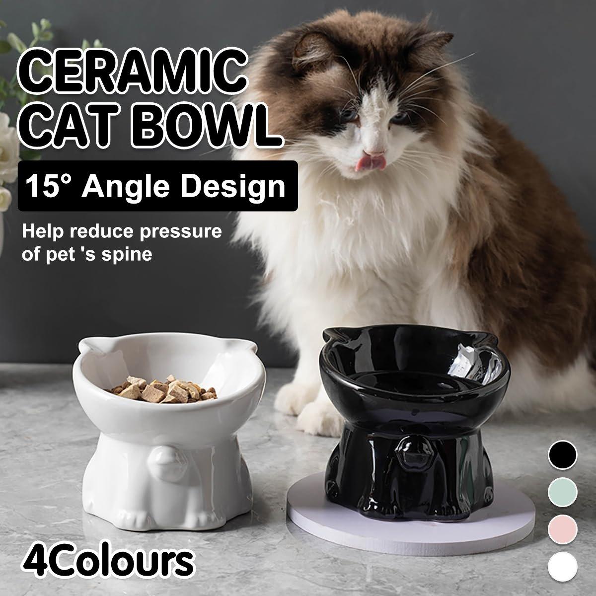 Ceramic Cat Bowl Cute Tall Raised Cat Food Bowl for Pets Eating Comfortably - Pink