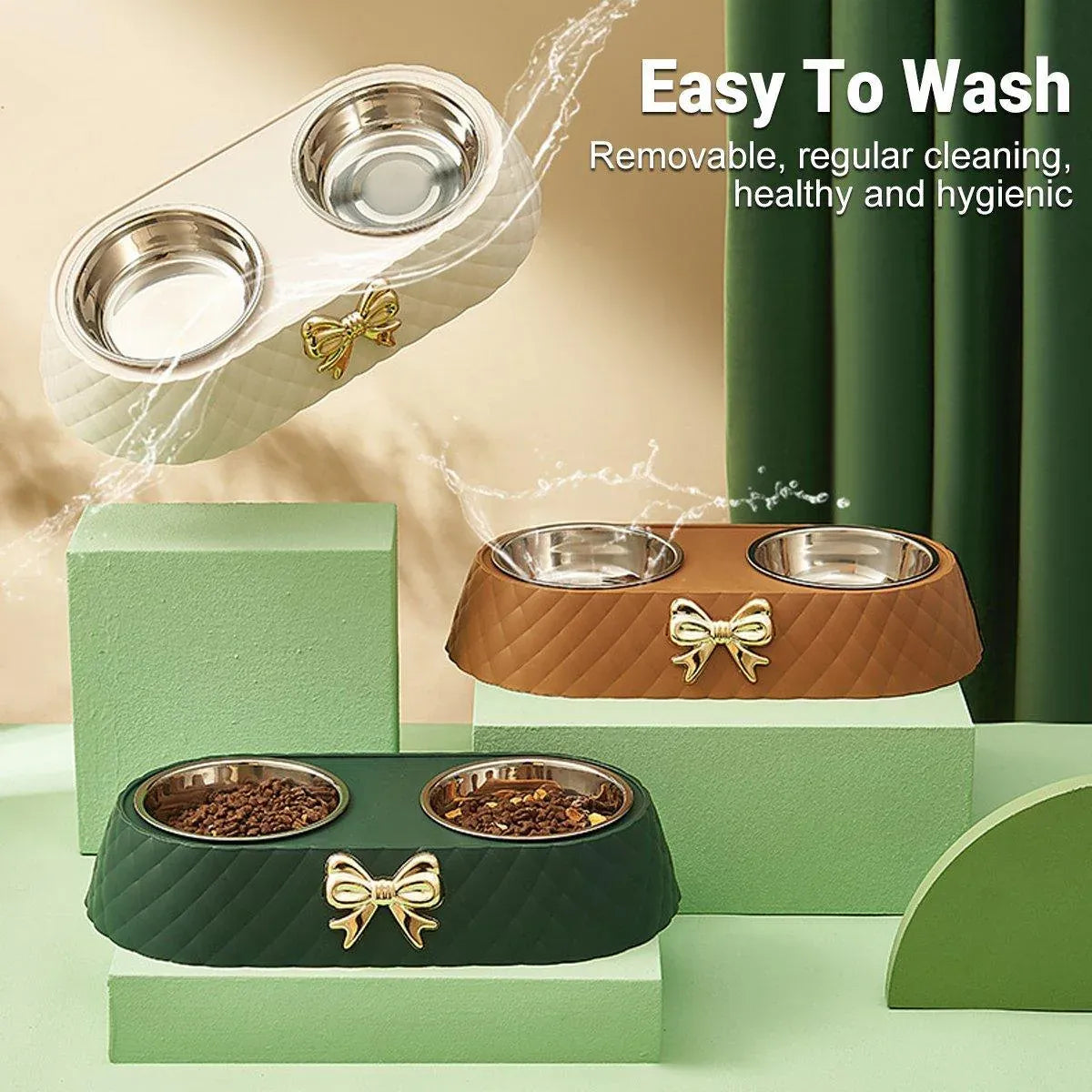 Stainless Steel Double Pet Bowl Non-Slip Anti-Knock Dog Cat Feeder Utensils - Green