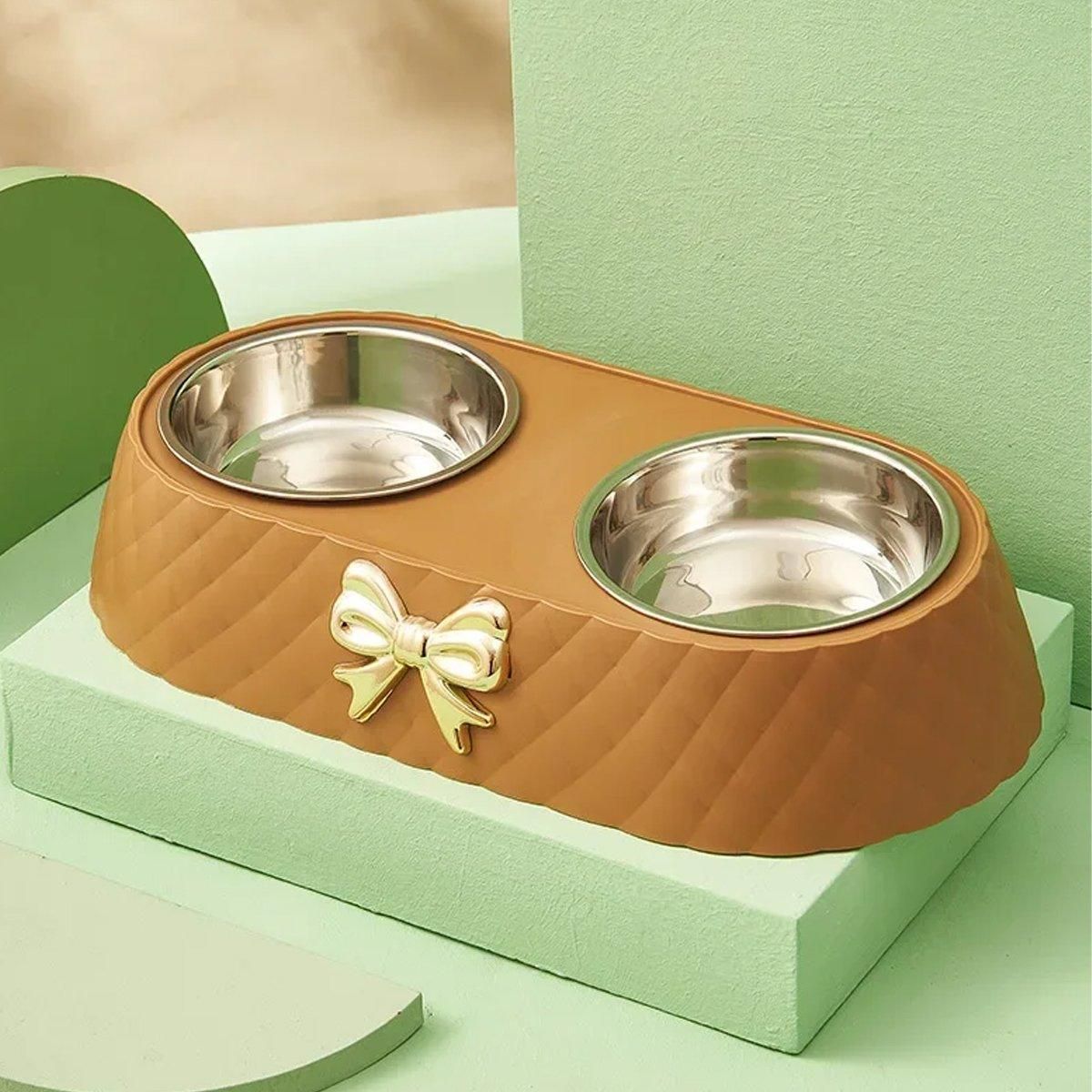 Stainless Steel Double Pet Bowl Non-Slip Anti-Knock Dog Cat Feeder Utensils - Green