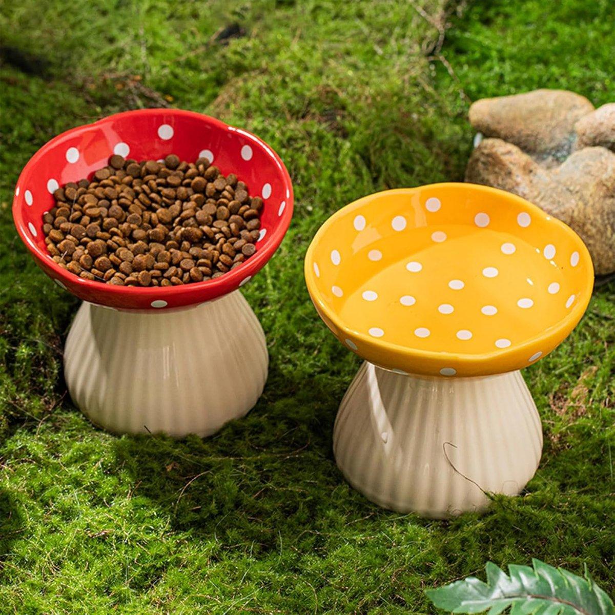 Pet Elevated Mushroom Bowl Ceramic Cat Dog Bowl Dish Food Feeder Raised Cat Bowl - Yellow