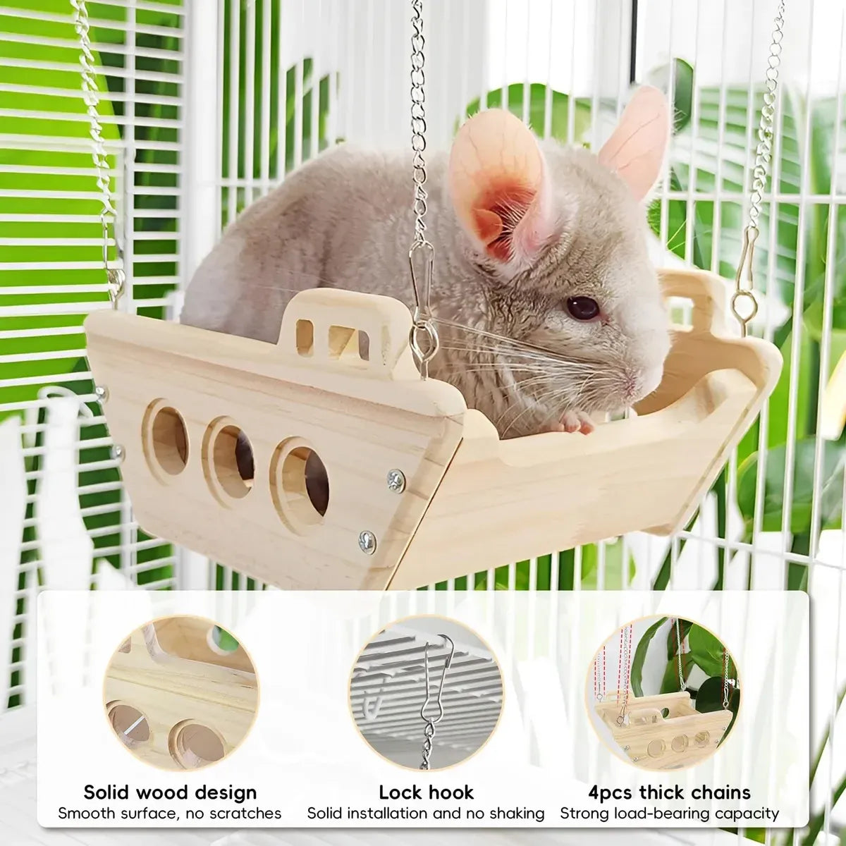 Wooden Cradle Swing Hammock Cage Accessory for Small Pets