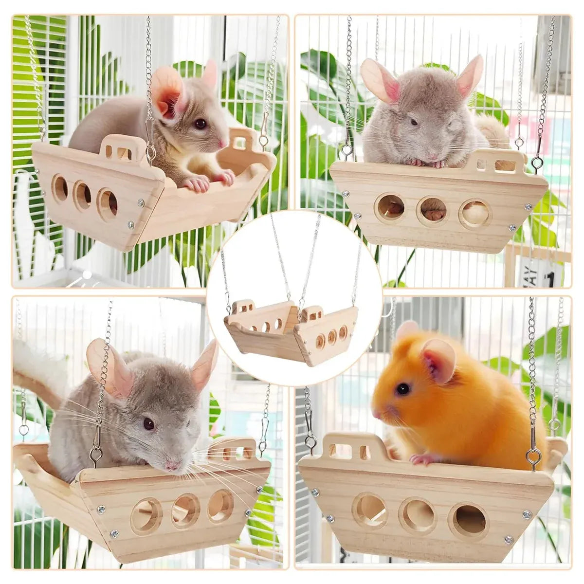 Wooden Cradle Swing Hammock Cage Accessory for Small Pets