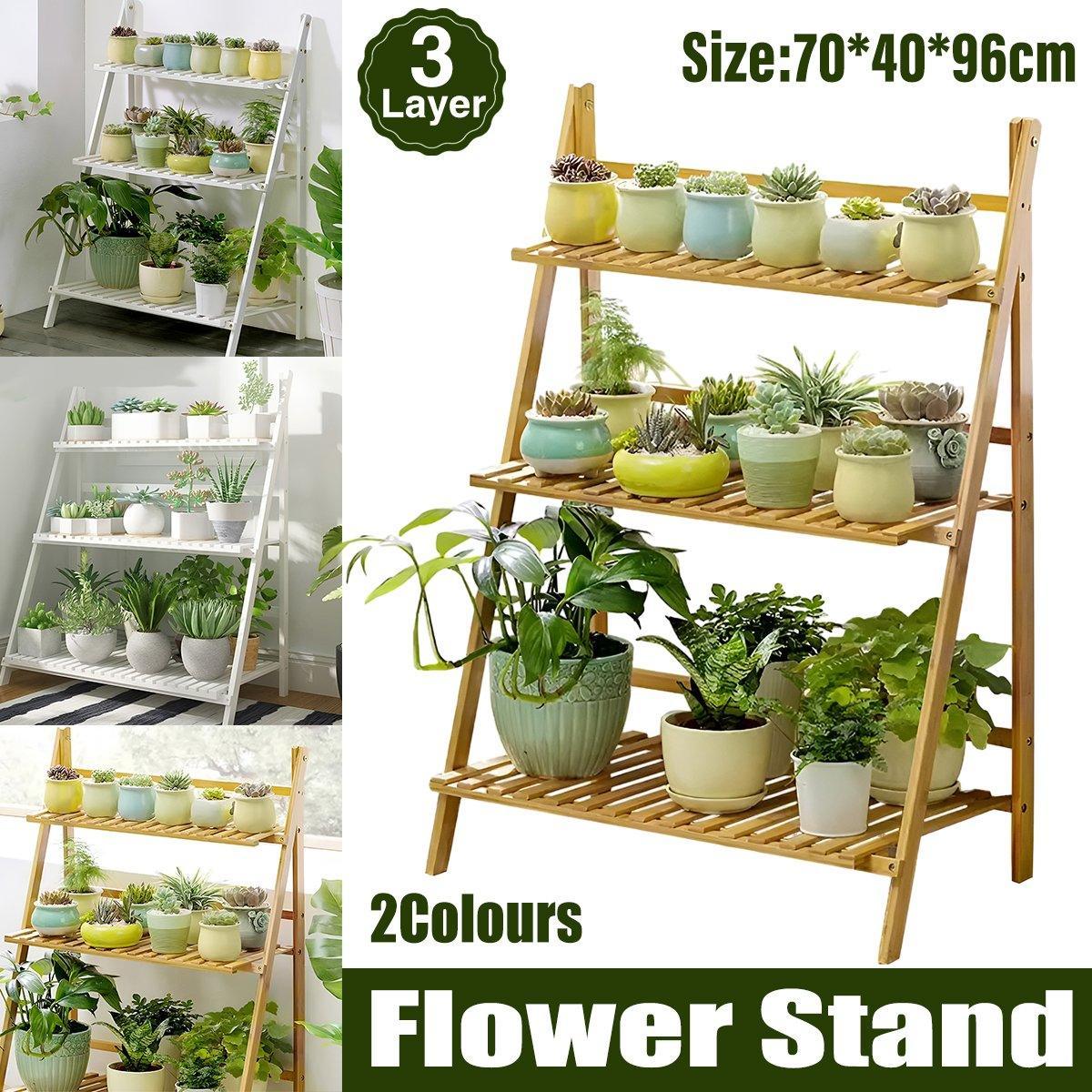 Balcony Plant Stand 3-Layer Wooden Flower Pot Corner Stand White Log Foldable - White