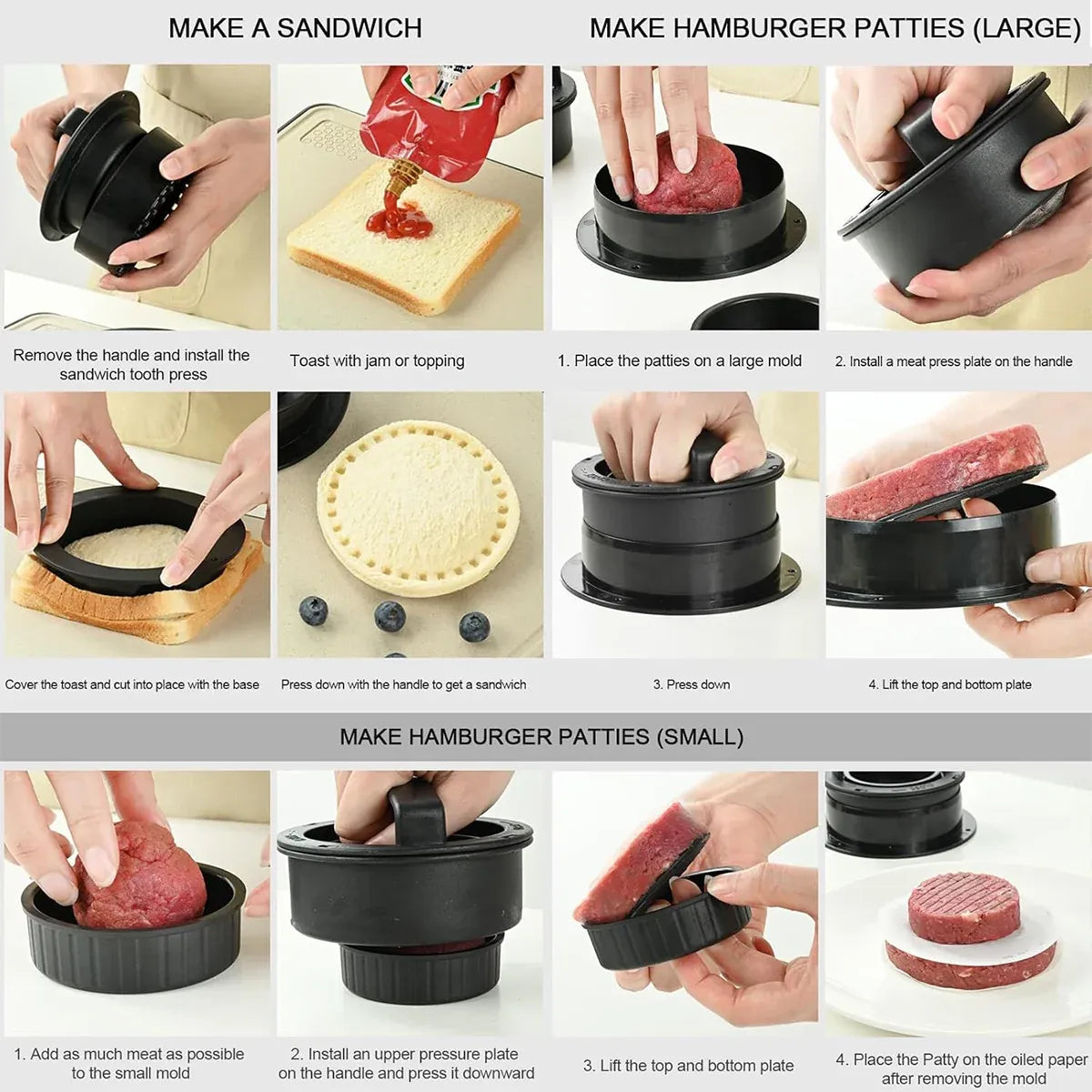 Manual Hamburger Press Round Meat Patty Mould BBQ with 100 Wax Discs