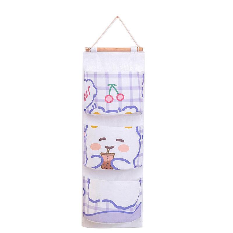 3 Pocket Hanging Storage Bag with Wooden Rod for Wall or Door Organisation - Rabbit