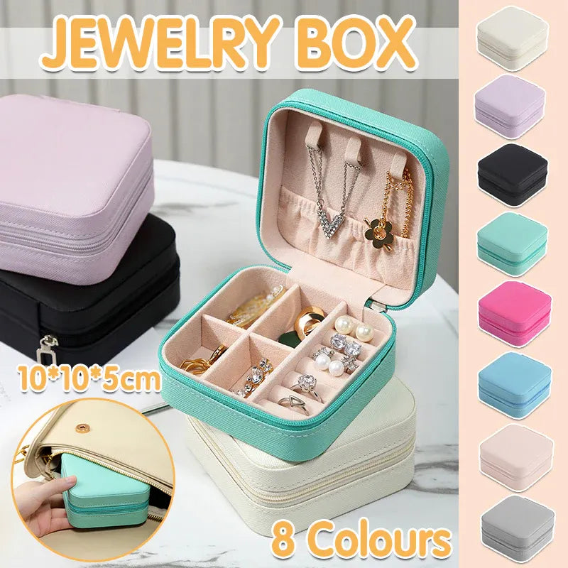 Travel Jewelry Organizer Box Portable Leather Storage Ornaments Ring Earrings - Beige (10x10x5cm)