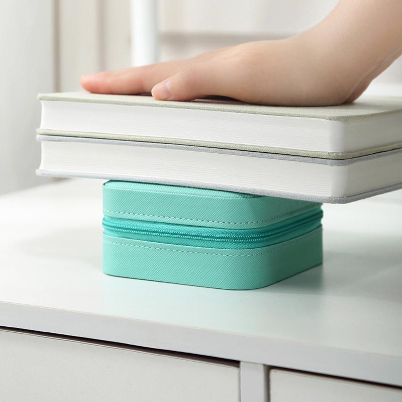 Travel Jewelry Organizer Box Portable Leather Storage Ornaments Ring Earrings - Blue (10x10x5cm)