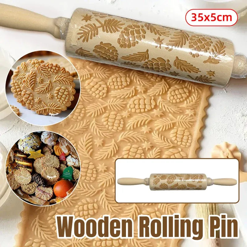 Christmas Wooden Rolling Pin Engraved Pine Cone Leaf Pattern Baking Embossed