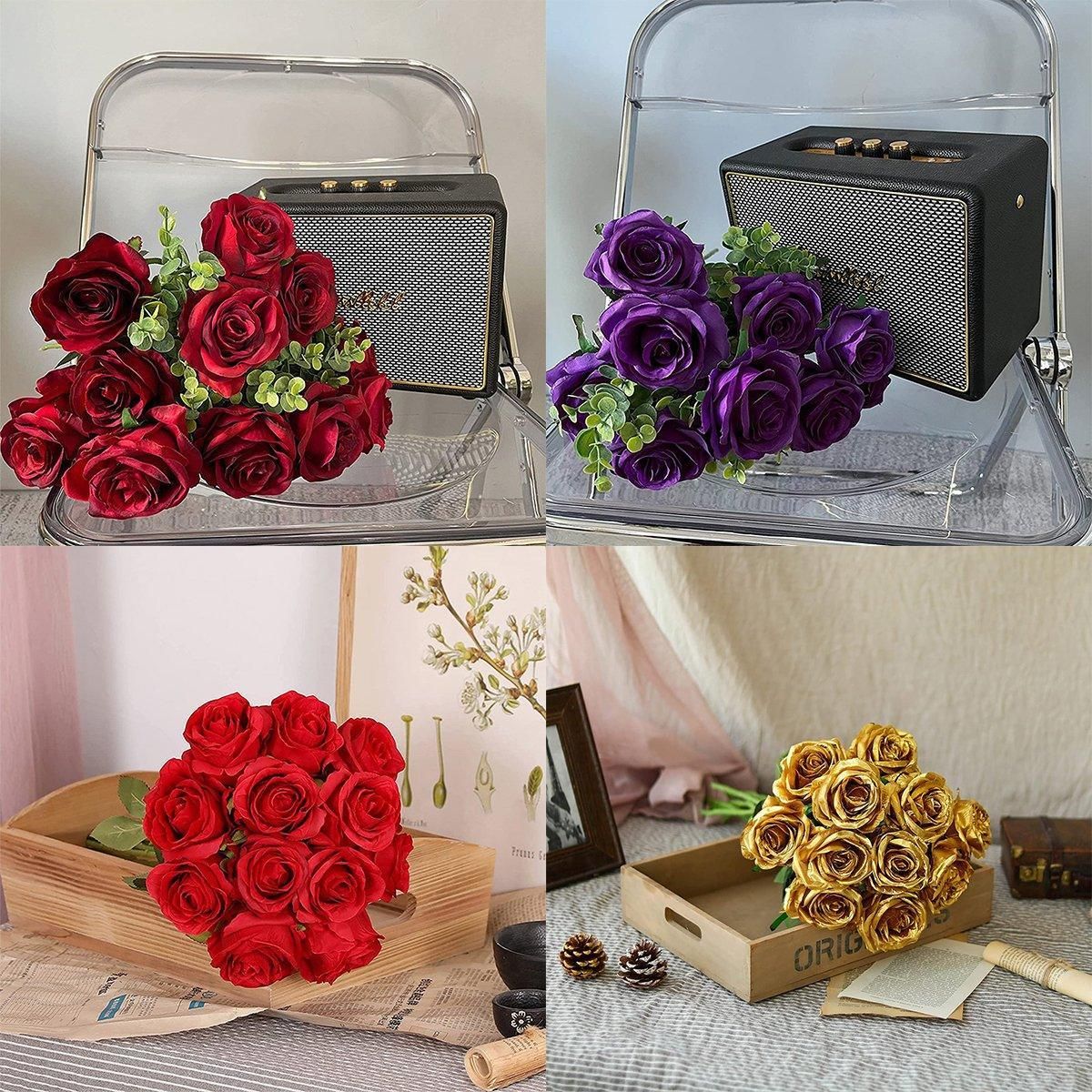 10pcs Artificial Silk Simulation Rose Flowers - Wedding Party Home Decorations - Purple