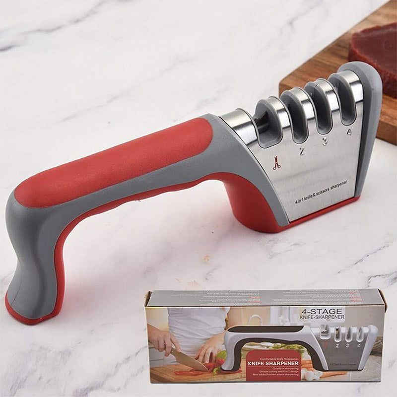 Four Stage Knife Sharpener Multifunction Kitchen Blade Sharpening Tool Quick Use - Red