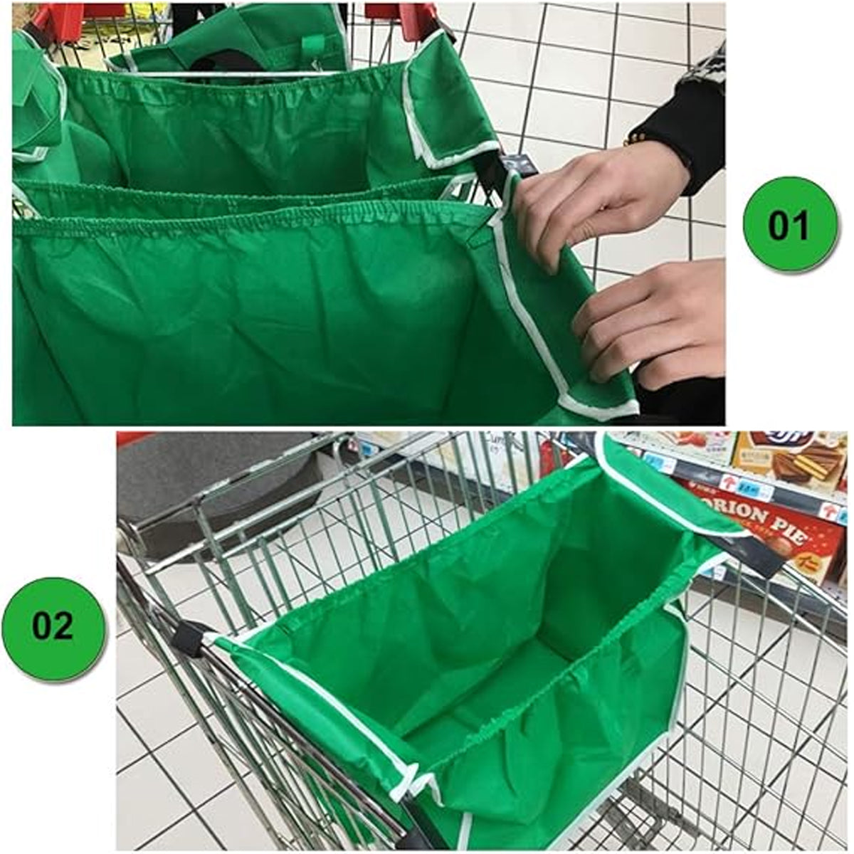 4 x Reusable Supermarket Shopping Trolley Clip-on Large Foldable Grab Handle Bag